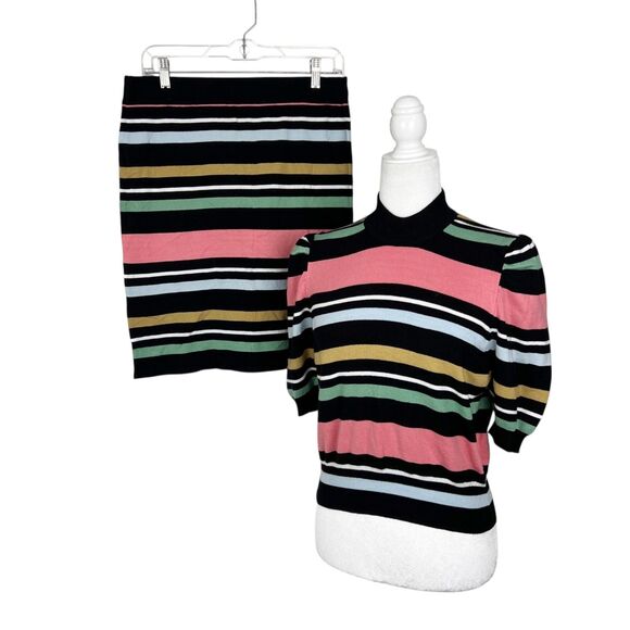 BCBGeneration Skirt Set Women Large Black Pink Striped Sweater Mini Casual - Picture 1 of 16